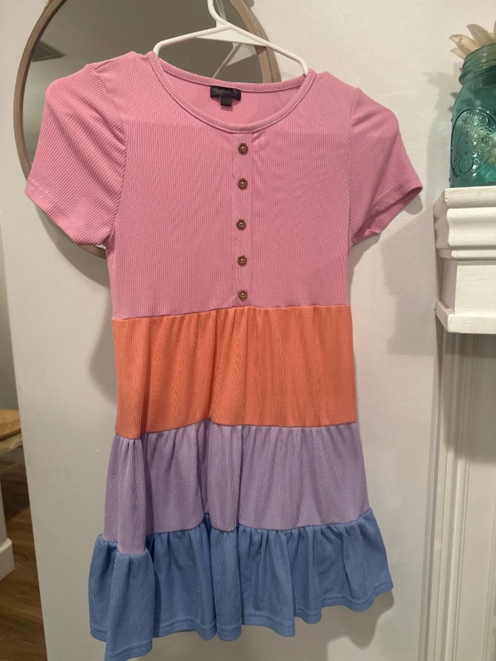 Picapino Girls Colorblock Ribbed Tiered Dress Size 12 Pink Coral Lavender Blue